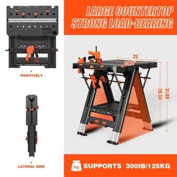 🥨LARBANKE Heavy-Duty 2-in-1 Folding Workbench 31x25x32in Waterproof, Adjustable Height w/4 Clamps & Blocks | Garage & Outdoor Work Table