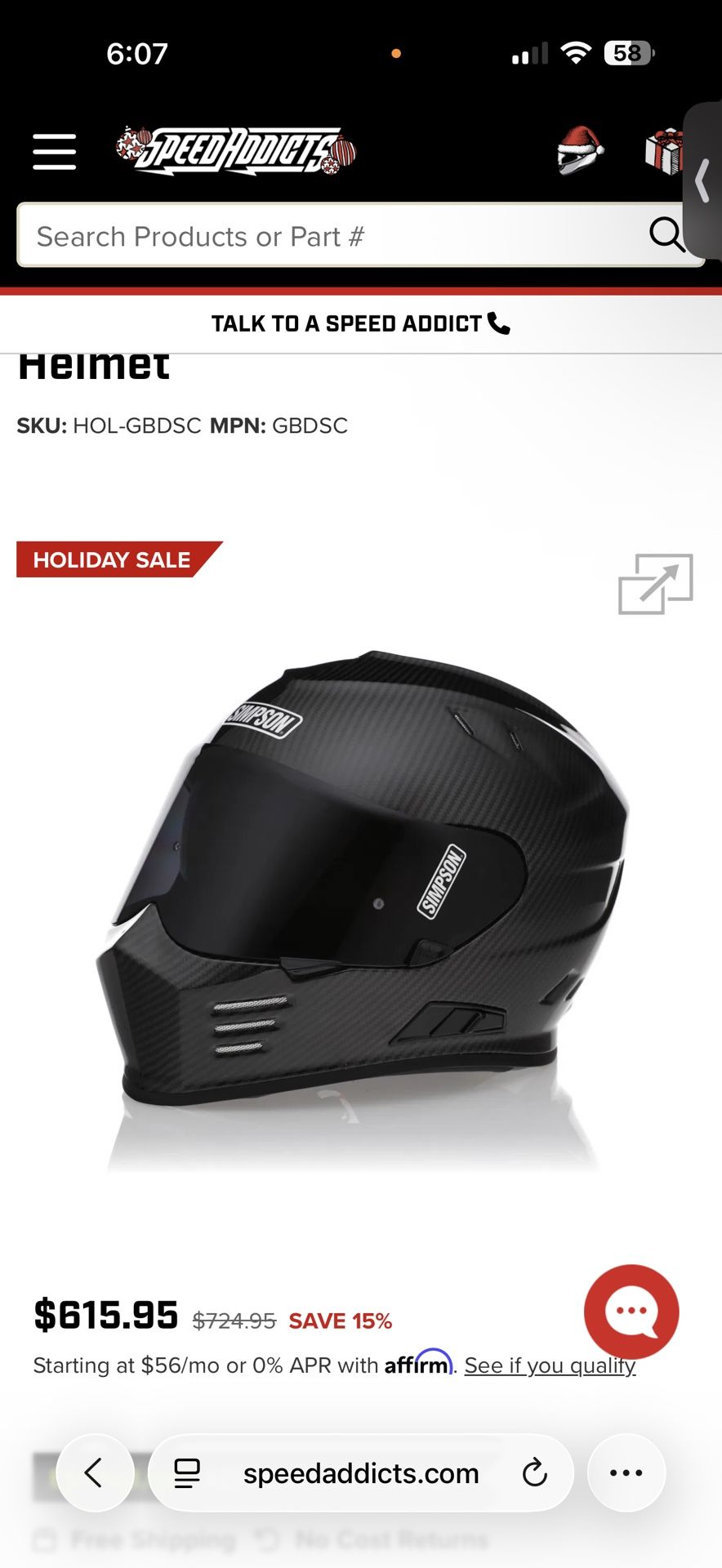 Simpson Motorcycle helmet  Ghost Bandit Helmet Adult small carbon fiber