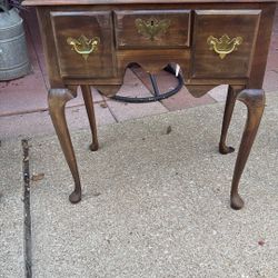 Cute Brown, Rustic Side Table With Brass Handles Three Drawers