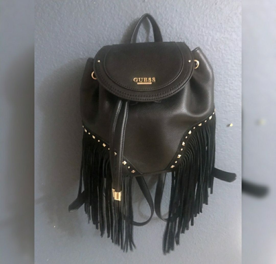 GUESS Black & Gold Backpack w/ studs and fringe detail