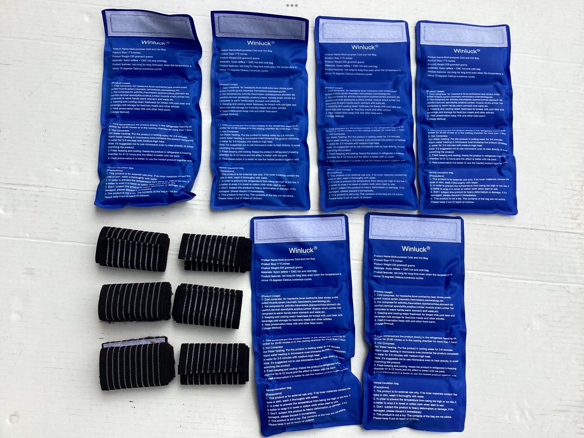 Preowned 6 Winluck Reusable Hot / Cold Gel Packs + 6 Adjustable Straps Pain Relief Therapy