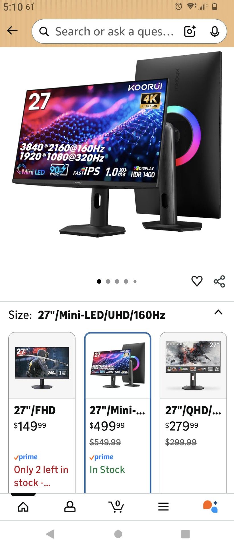 Gaming Monitor Mini Led 4k @160hz/ 1080p @320hz HDR1400
