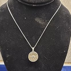 Sterling Silver Polished Compass Rose Saphire Locket Pendant 8.3g