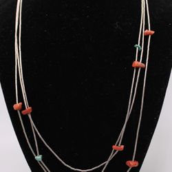 Vintage Southwestern Sterling Silver Coral and Turquoise Triple Strand Necklace 20 1/2” 13 Grams