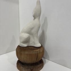 Vintage Ceramic Wolf with Wooden Base