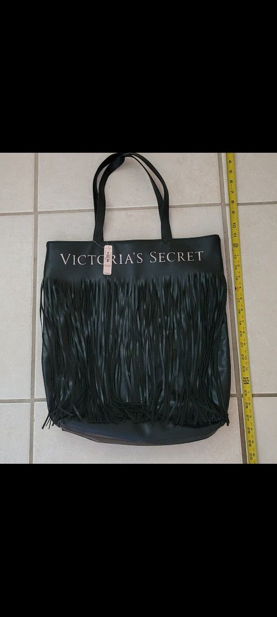 Victoria's Secret Black Faux Leather Fringe Tote Bag Limited Edition New with Tags