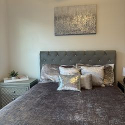 Grey Rhinestone Headboard Bed 