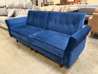 BELFFIN Modern Royal Blue Channel Stitched Velvet Futon with Posable Arms
