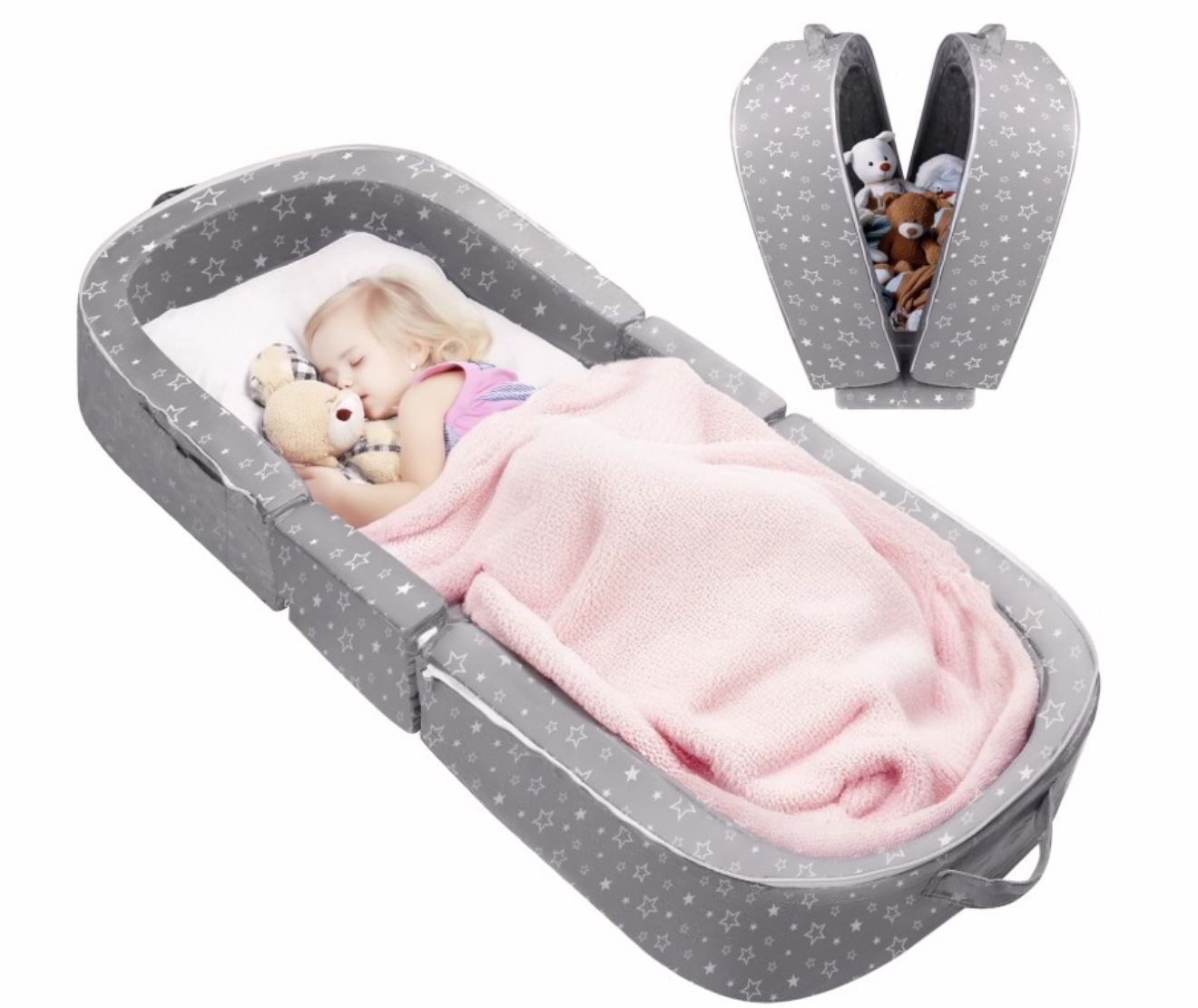 Foldable Toddler Travel Bed Portable Floor Bed with Washable Cover Soft Foam Crib Grey