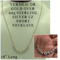 Vermeil or Gold Over 925 STER Silver 4ctw CZ Short Necklace 18” Long