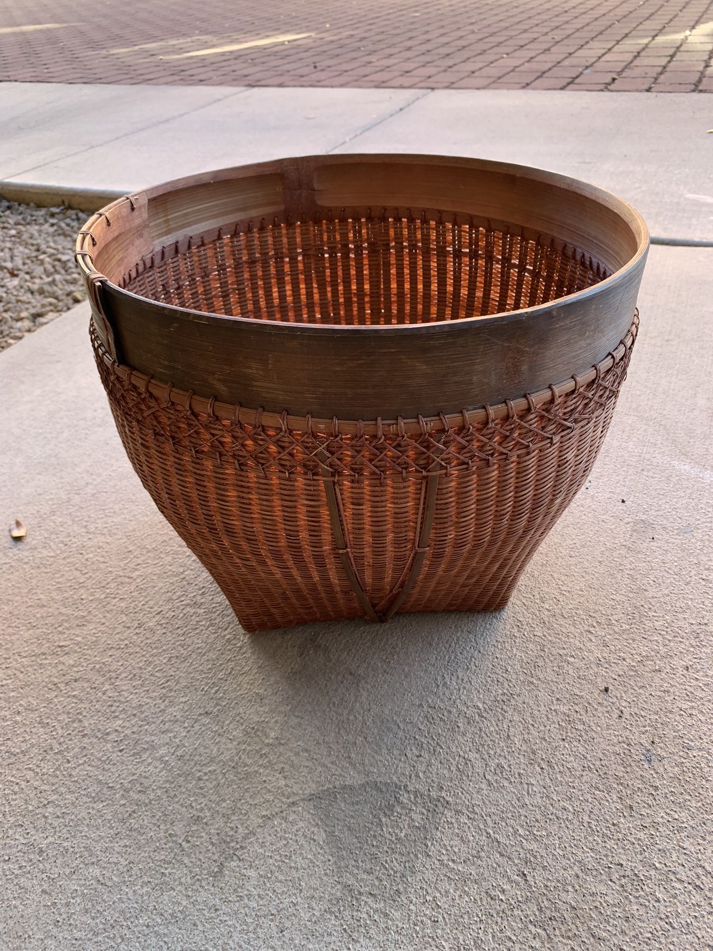Vintage Hand Woven Rattan Basket with Bamboo Rim,