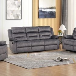 3pc Blue Gray Fabric Manual Reclining SOFA SET