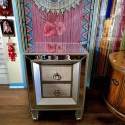 Hollywood Regency Mirrored Nightstand with Linen Textured Drawers Front Glam Decor 26.5"×15.5"×19"