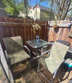 Outdoor Bar-Height 3 Piece Patio Set - Glass Top & Waterproof Fabric Seats with Metal Frame