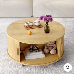 31.5" Round Storage Coffee Table, Fluted Wood Coffee Table with Adjustable Footpads and 360° Curved Sliding Door