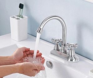 Brushed Nickel Bathroom Faucet with Drain Assembly and Supply Hose, 2-Handle 4 Inch Centerset Faucet