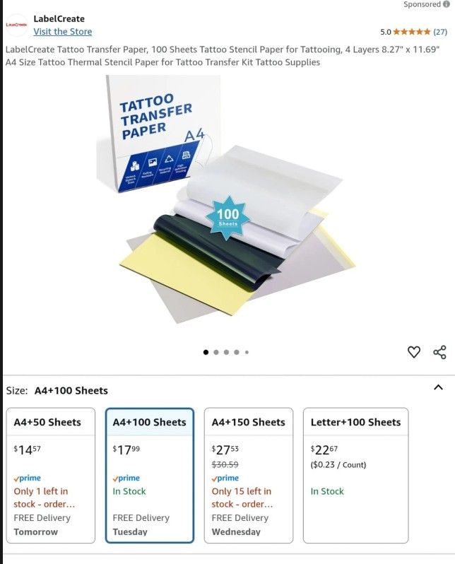 Tattoo Transfer Paper, 100 Sheets of Tattoo Stencil Paper for Tattooing, A4