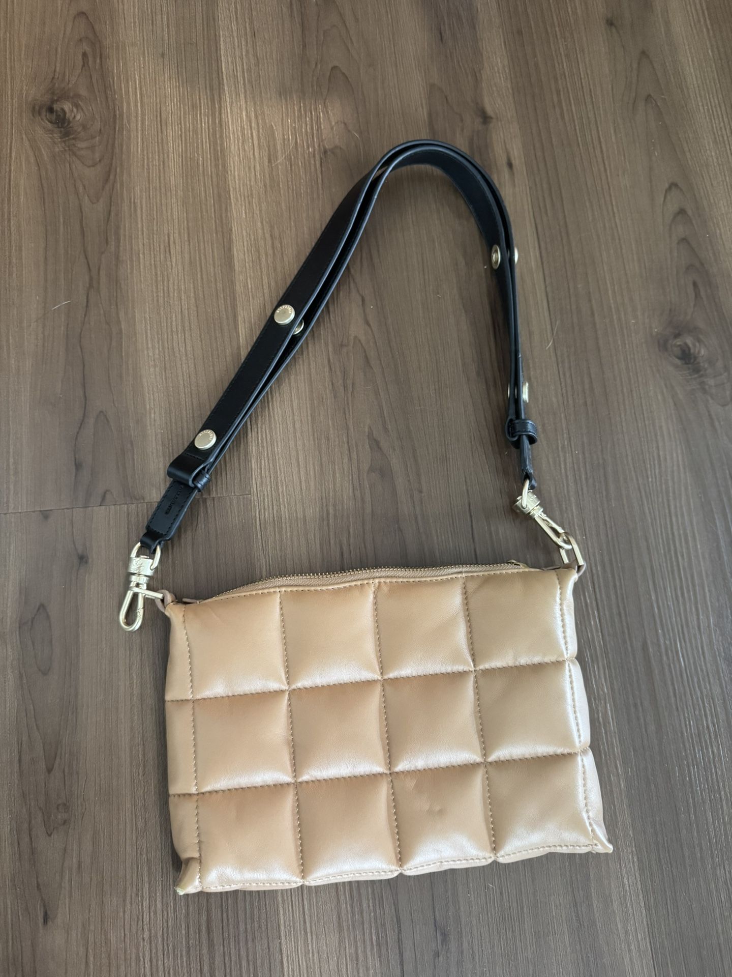 AllSaints Quilted Tan Crossbody Bag with Black Leather Strap