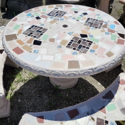 Concrete Mosaic Picnic Table with 3 Benches/ Outdoor Patio Furniture