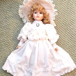 Beautiful Porcelain Doll w/ Stand | Girl Doll with Dress and Hat - 18" Tall