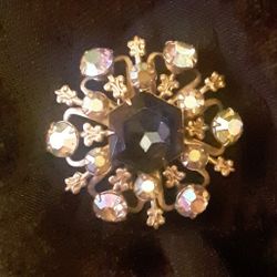 Vintage SNOWFLAKE BROOCH Aurora Borealis w/ Hexagon Center c1950's Pronged In Stones