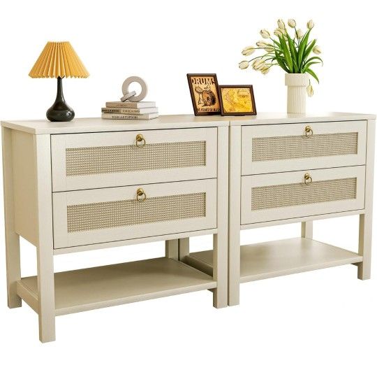 Nightstand with Drawers and Storage Shelf - Large Nightstands Rattan Decor Boho Bedside Table Narrow Side Table for Bedroom, White