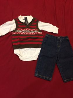 Baby's white, collared long-sleeve shirt with vest sweater and denim pants (3 to 6 Months old)