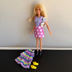 Mattel Barbie Doll Blonde Rainbow Ruffle Dress Polka Dot Jumper Hot Dog Purse