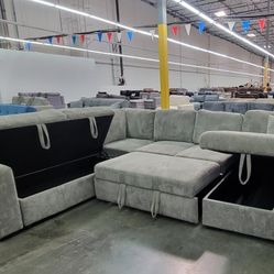 ✅️✅️4 pc Grey  corduroy fabric sectional sofa with storage chaise and love seat and pop up sleep area in center USB charging✅️✅️