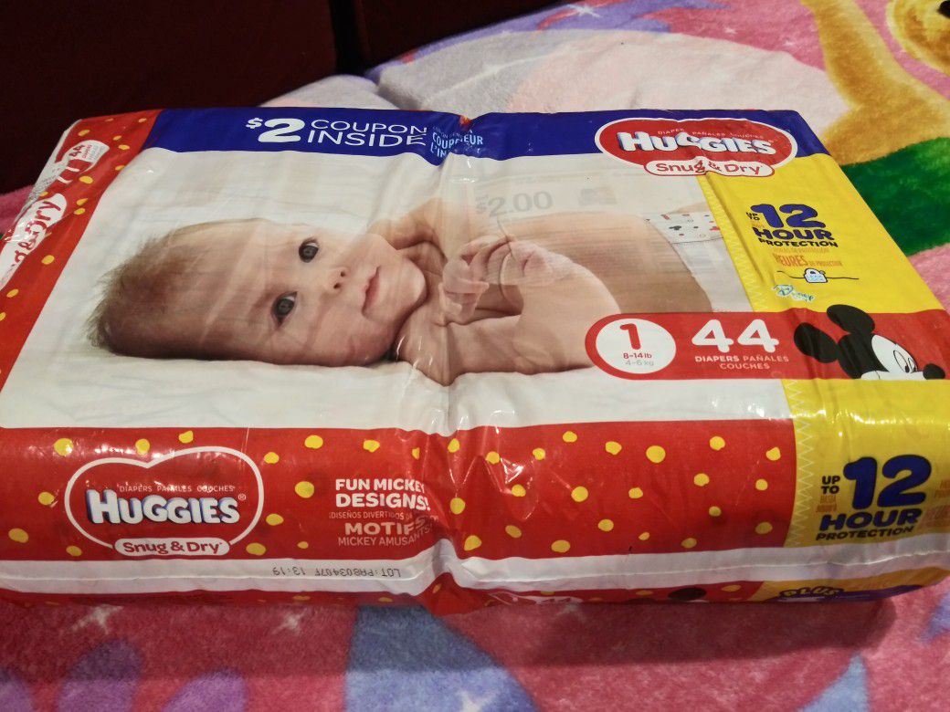 Huggies size 1 (44 diapers) + inside 1 coupon $2 dollars