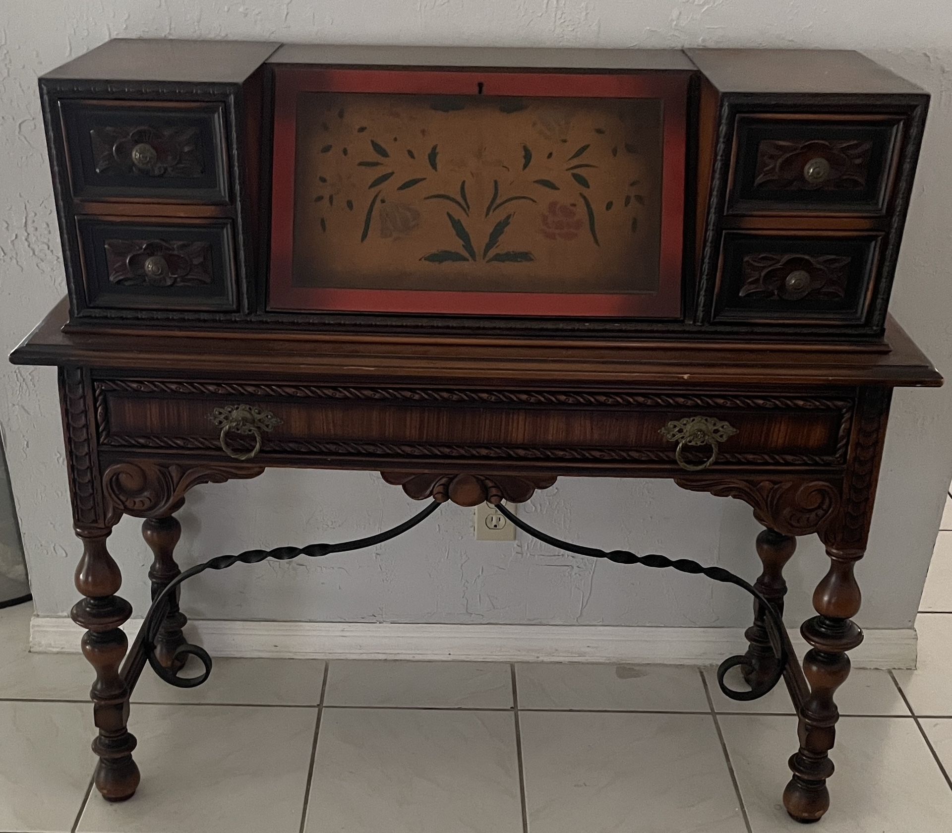 Antique Jacobean/spanish Revival Walnut Hand Painted Secretary Writing Desk