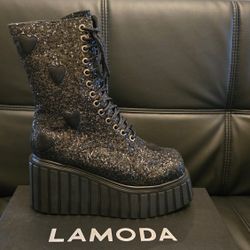 Size 8 LAMODA Black Glitter Heart Platform Boots | Never Used