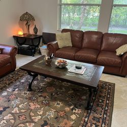 GORGEOUS LEATHER LIVING ROOM PACKAGE/ 2 LEATHER SOFA’S, 1 LEATHER RECLINER/ COFFEE TABLE AND 2 END TABLES WITH ORIENTAL RUG/ WAS $4,000/ NOW  $2200