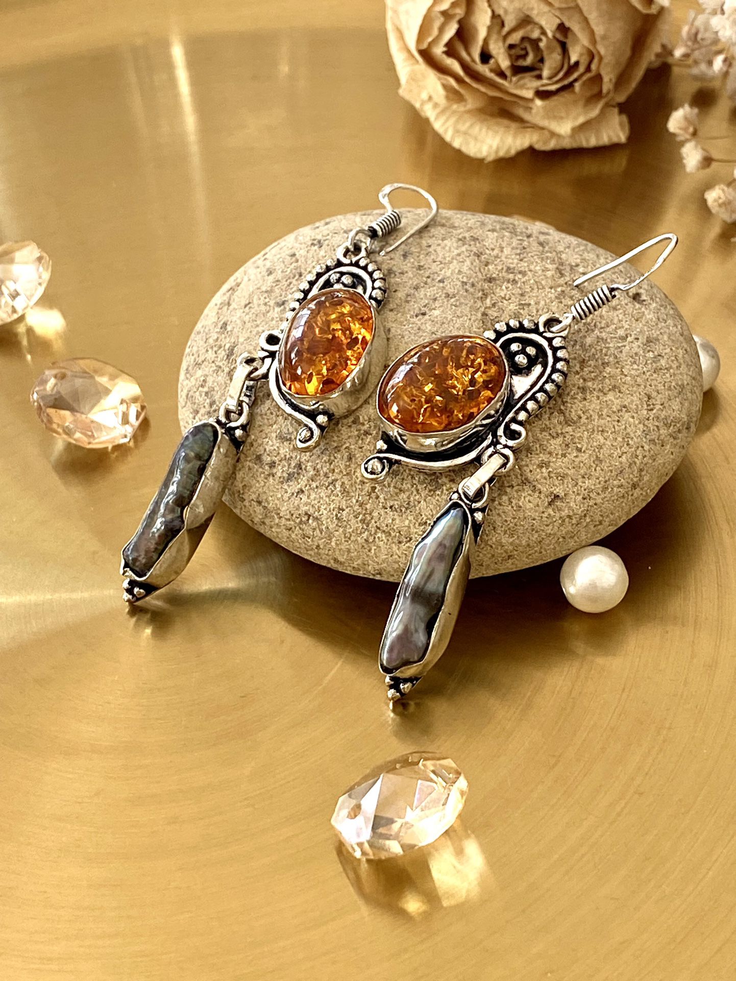 Baltic Amber And Gray Biwa Pearl 925 Sterling Silver Overlay Earrings