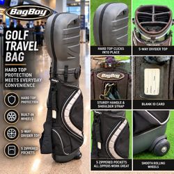Bag Boy Golf Travel Bag Hard Top Wheeled Cart Bag 5-Way Divider Black Silver