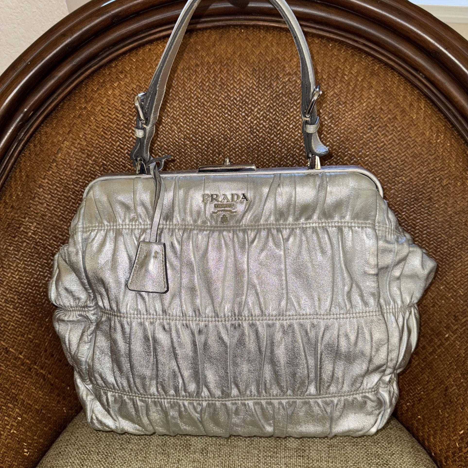 Metallic Silver Leather Prada Handbag