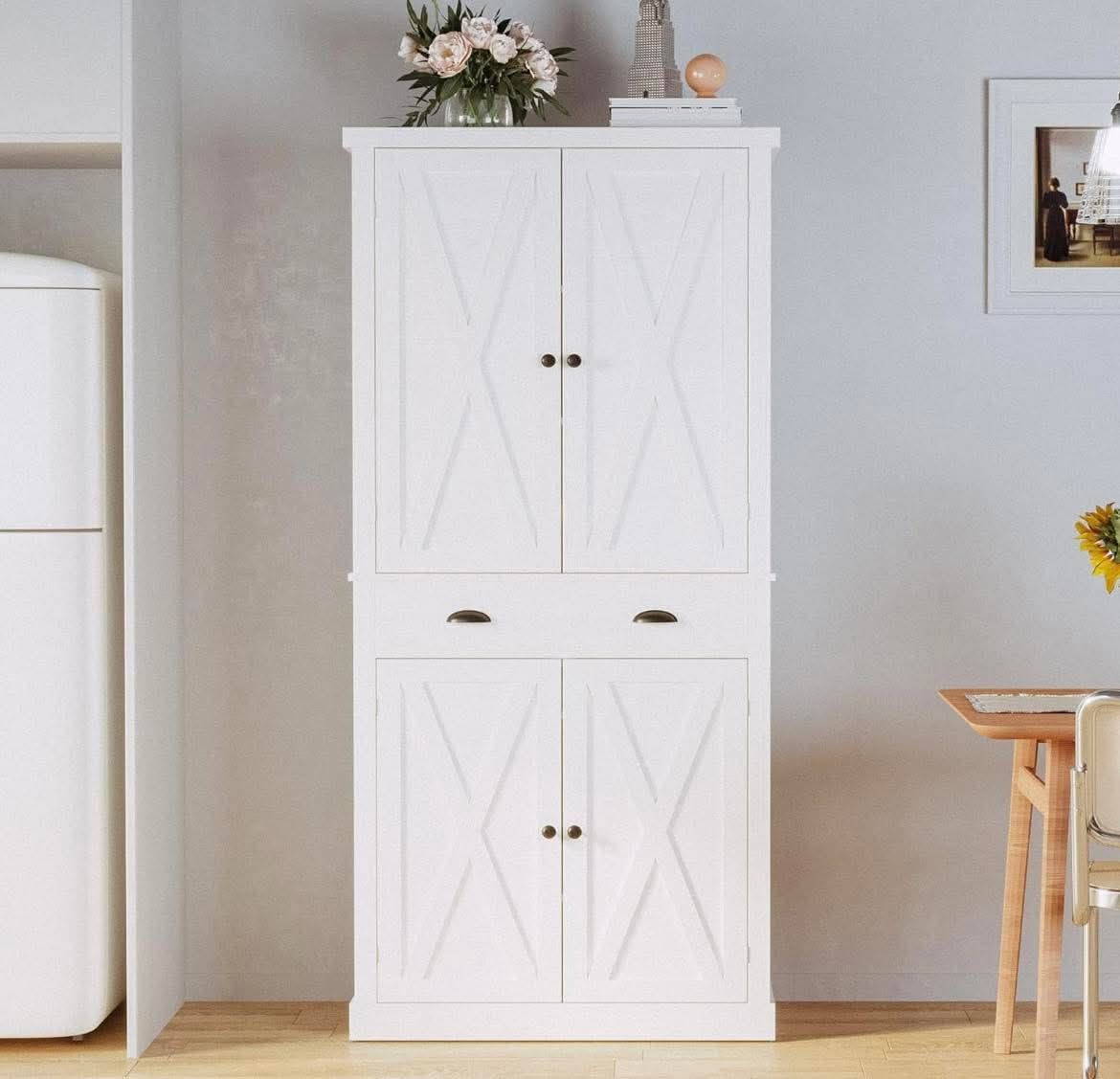 72.6" Tall Kitchen Pantry Storage Cabinet with Barn Doors, Drawer, 4 Adjustable Shelves, Freestanding Cupboard for Dining Room, Living Room, Laundry R