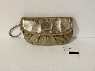 Coach Madison metallic gold pleated ruffle flap clutch wristlet.