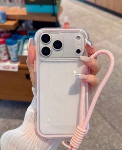 Minimalist Pink Solid Color Transparent Fashion Shock-Proof & Anti-Fall Lanyard Style Frame Phone Case With Wrist Strap Compatible With iPhone 17 Pro.