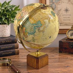 Vintage Replogle 12" World Classic Globe USA Brass Tone Meridian Wood Base