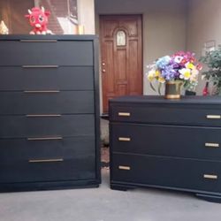 6 Drawer Upright Dresser With 3 Drawer Dresser - All Solid Wood- Large Drawers- Black With Gold 