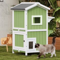 2-Story Weatherproof Wooden Cat House with Open Roof - PET04-GREENWHITE