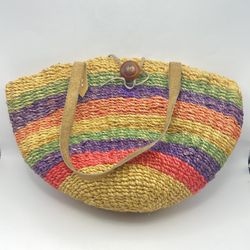 VINTAGE Multi Color Striped Rope Linen Lined Purse w/Leather Straps & Wood Details Made in Haiti 