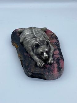 Imperial Russian Silver Bear Figure, 84 Zolotnik, P. Ovchinnikov, Rhodonite Base, Ruby Eyes