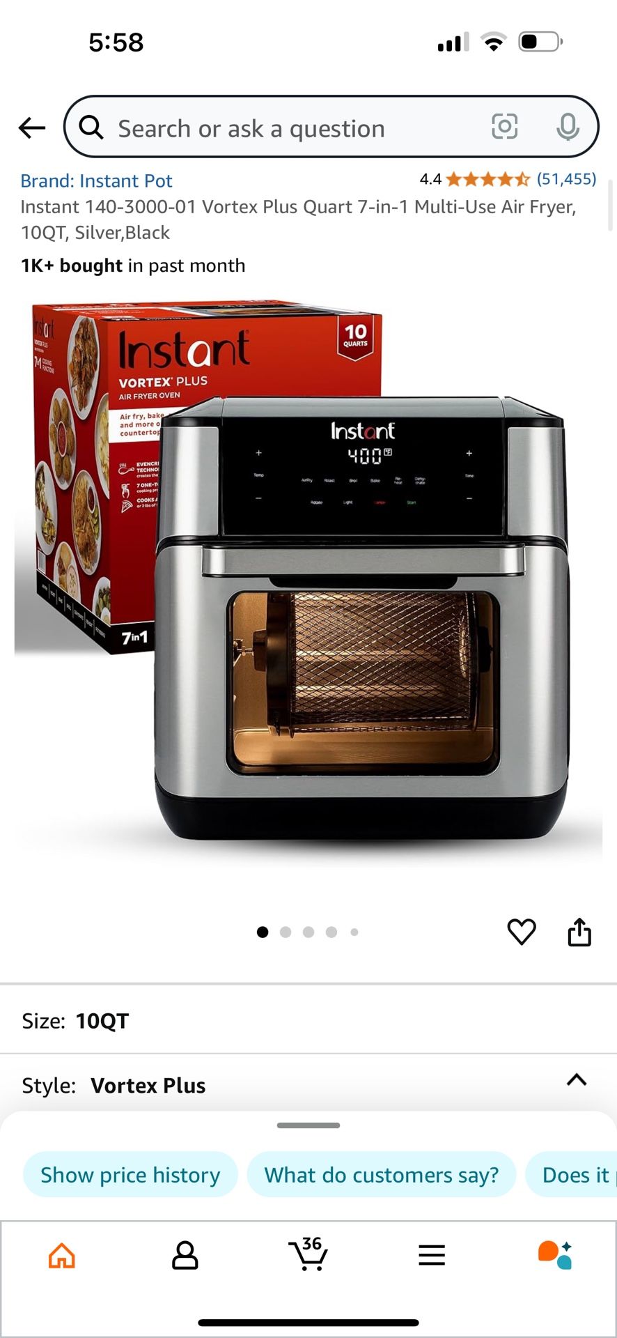 Instant 140-3000-01 Vortex Plus Quart 7-in-1 Multi-Use Air Fryer, 10QT, Silver,Black