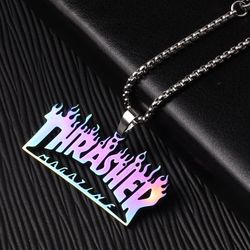 Thrasher Rainbow Flame Skater Stainless Steel Pendant Necklace 