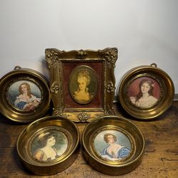 Vintage MCM Cameo Creations Lady Portrait Wall Art Brass Frames Lot of 5
