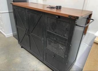 Has Scratches Assembled New 54.5" Farmhouse Kitchen Island w/ Power Outlet Black Rustic Roll