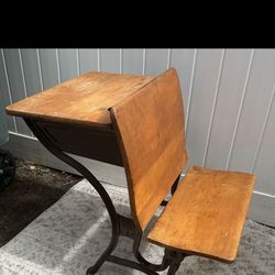 Antique Very Good Condition Childs English Wood and Cast Iron School Desk With Mounted Chair. A True Gem !!! 