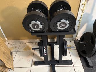 100lb Pepin Dumbbell Set (Pair) + Yes4All Plates + Titan Stand + 2" Adapters & Spotter Hooks